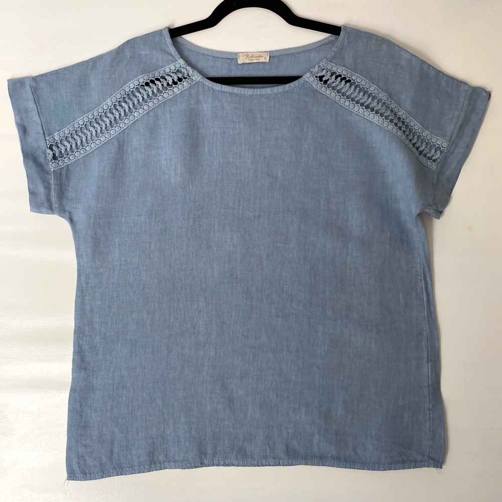 Bellambra 100% Linen Women Top Blue Short Sleeve Size Small  Boxy Travel Italy